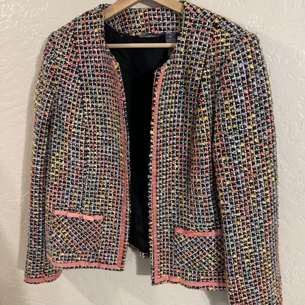 Y Hillard & Hanson Tweed Bow Accent Plus Size Pink Piped Pocketed Blazer - Picture 2 of 11